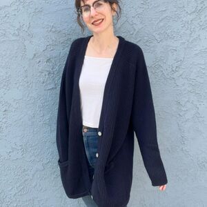 Vintage DKNY Oversized Boyfriend Cardigan Ribbed Seater in Navy Blue Large